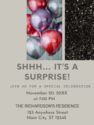 Gray Red Balloon Surprise Party Invitation customizable template