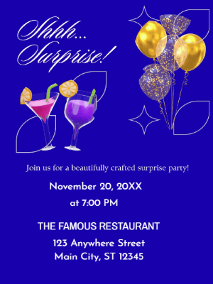 Blue Gold Balloon Surprise Party Invitation customizable template