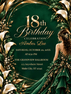 Elegant Green Gold Floral 18th Birthday Invitation customizable template