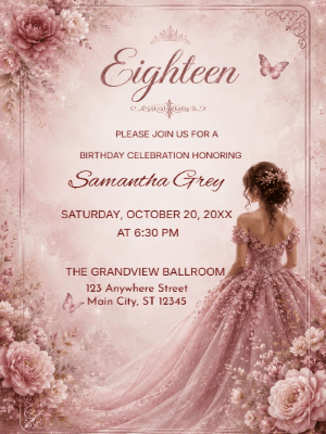 Elegant Princess Pink Floral 18th Birthday Invitation customizable template