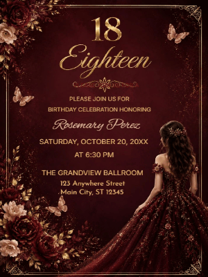 Elegant Princess Pink Maroon Floral 18th Birthday Invitation customizable template