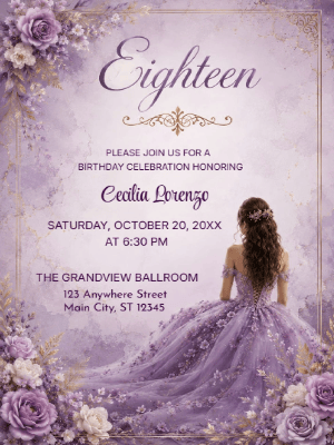 Elegant Princess Purple Floral 18th Birthday Invitation customizable template