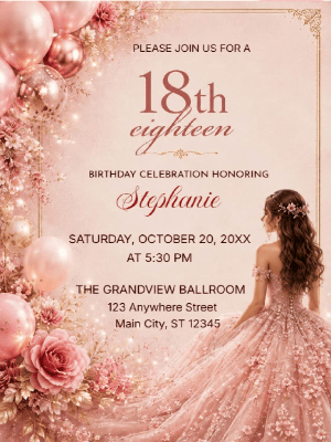 Elegant Princess Pink Floral 18th Birthday Invitation customizable template