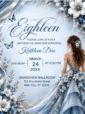 Elegant Blue White Floral 18th Birthday Invitation customizable template