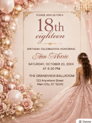 Elegant Princess Pink Floral 18th Birthday Invitation customizable template