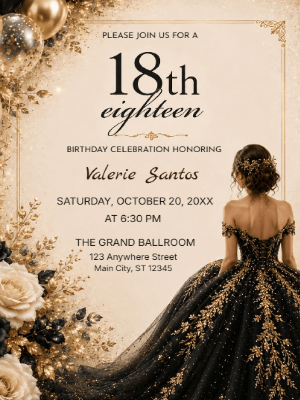 Elegant Princess Black and Gold Floral 18th Birthday Invitation customizable template
