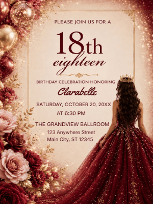 Elegant Princess Pink Red Balloons Floral 18th Birthday Invitation customizable template