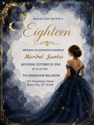 Elegant Princess Blue and Gold Floral 18th Birthday Invitation customizable template
