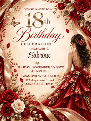 Elegant Red and Gold Floral 18th Birthday Invitation customizable template