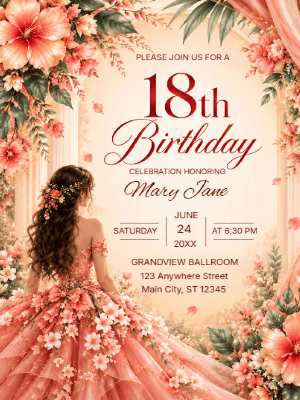 Elegant Peach Floral 18th Birthday Invitation customizable template