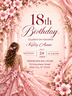 Elegant Pink Floral 18th Birthday Invitation customizable template