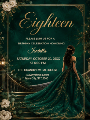 Elegant Princess Emerald Green and Gold Floral 18th Birthday Invitation customizable template