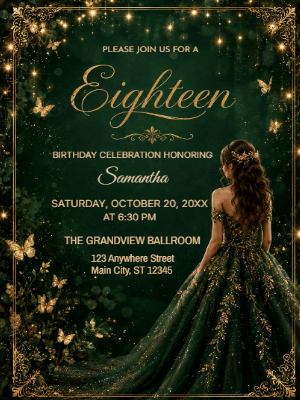 Elegant Princess Emerald Green and Gold Floral 18th Birthday Invitation customizable template
