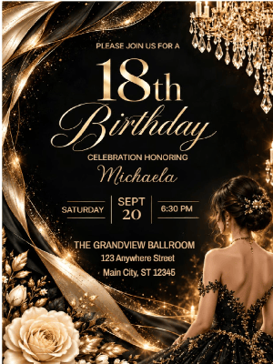Elegant Black and Gold Floral 18th Birthday Invitation customizable template