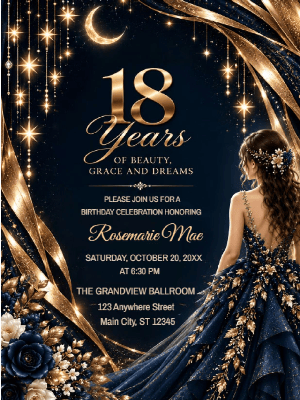 Elegant Celestial Black Blue and Gold Floral 18th Birthday Invitation customizable template