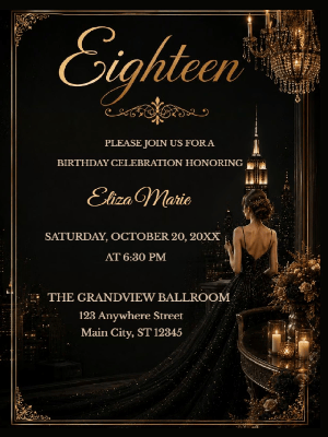 Elegant Black and Gold 18th Birthday Invitation customizable template
