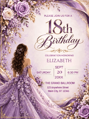 Elegant Purple and Gold Floral 18th Birthday Invitation customizable template
