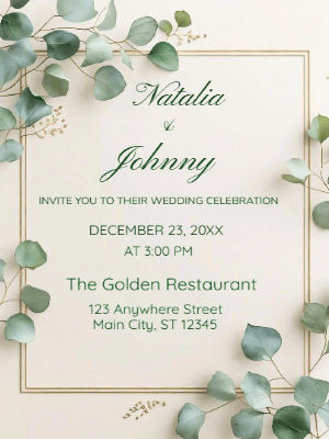Modern Greenery Eucalyptus Green Wedding Invitation customizable template