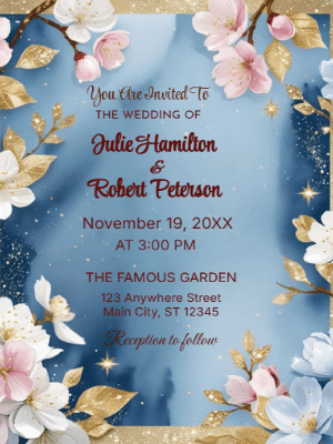 Elegant Modern Blue & Blush Pink Floral Wedding Invitation customizable template