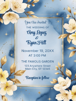 Elegant Modern Blue & Gold Floral Wedding Invitation customizable template
