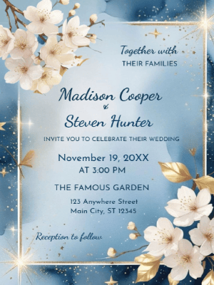 Elegant Floral Blue Sparkle & Gold Wedding Invitation customizable template