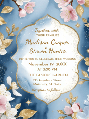Elegant Floral Blue Sparkle & Gold Wedding Invitation customizable template