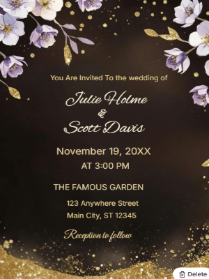 Elegant Sparkles Lilac Gold Floral Wedding Invitation customizable template