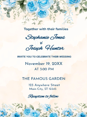 Elegant Modern Blue Floral Wedding Invitation customizable template