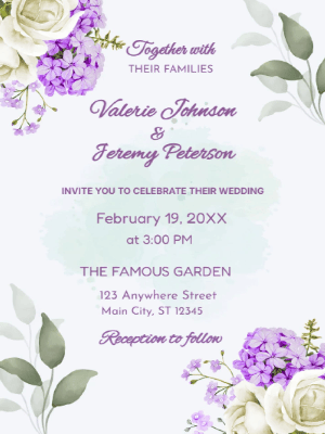 Elegant Modern White & Purple Floral Wedding Invitation customizable template