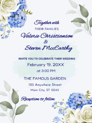 Elegant Modern White & Blue Hydrangea Floral Wedding Invitation customizable template