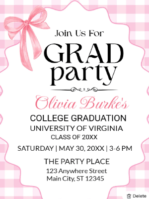 Elegant Minimalist Pink Coquette Gingham Graduation Party Invitation customizable template