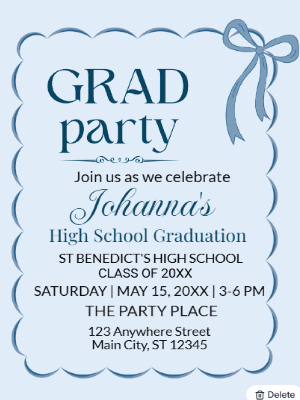 Elegant Minimalist Blue Coquette Graduation Party Invitation customizable template