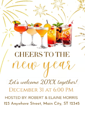 Modern White Gold Fireworks New Year Party Invitation 35 customizable template