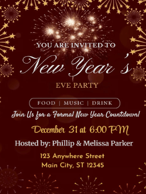 Elegant Gold and Red Fireworks New Year Party Invitation 18 customizable template
