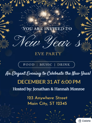 Elegant Gold and Navy Blue Fireworks New Year Party Invitation 16 customizable template