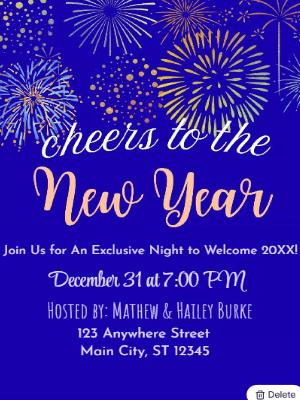 Elegant Blue Fireworks New Year Party Invitation 10 customizable template