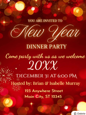 Elegant Red and Gold Sparkle New Year Party Invitation 29 customizable template