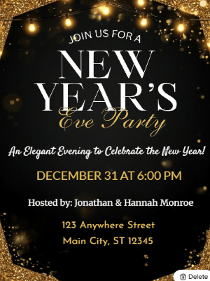 Elegant Gold and Black Glitter New Year Party Invitation 8 customizable template