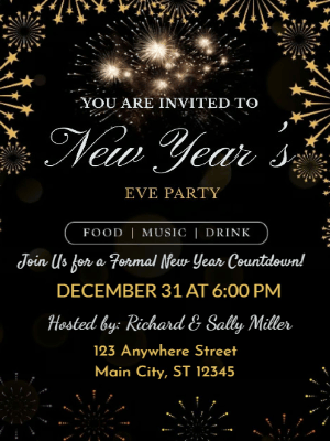 Elegant Gold and Black Fireworks New Year Party Invitation 17 customizable template