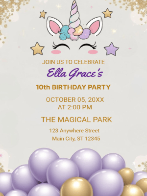 Unicorn Kids 10th Birthday Invitation customizable template
