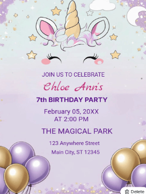 Unicorn and Balloons Kids 7th Birthday Invitation customizable template