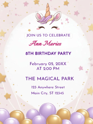 Unicorn and Balloons Kids 8th Birthday Invitation customizable template