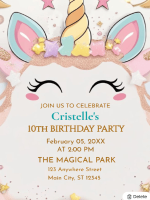 Unicorn Kids 10th Birthday Invitation customizable template