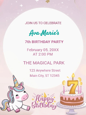 Unicorn Kids 7th Birthday Invitation customizable template
