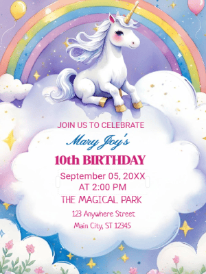 Unicorn Kids 10th Birthday Invitation customizable template
