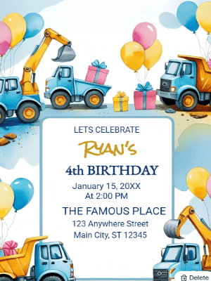 Excavator and Dump Truck Theme Birthday Invitation customizable template