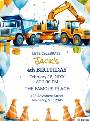 Excavator and Dump Truck Theme Birthday Invitation customizable template