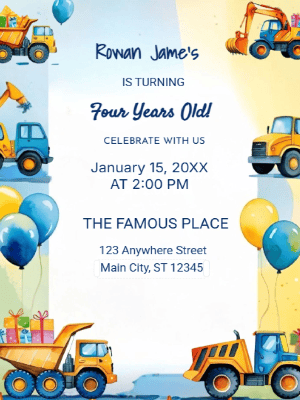 Excavator and Dump Truck Theme Birthday Invitation customizable template