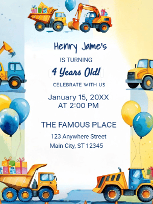 Excavator and Dump Truck Theme Birthday Invitation customizable template