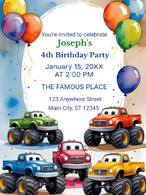 Monster Truck Theme with Balloons and Party Decoration Birthday Invitation customizable template
